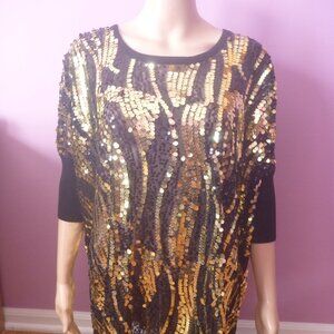 New Lagenlook Sequin Black Gold Glam Sheer Evening Tunic Blouse Shiny Oversize